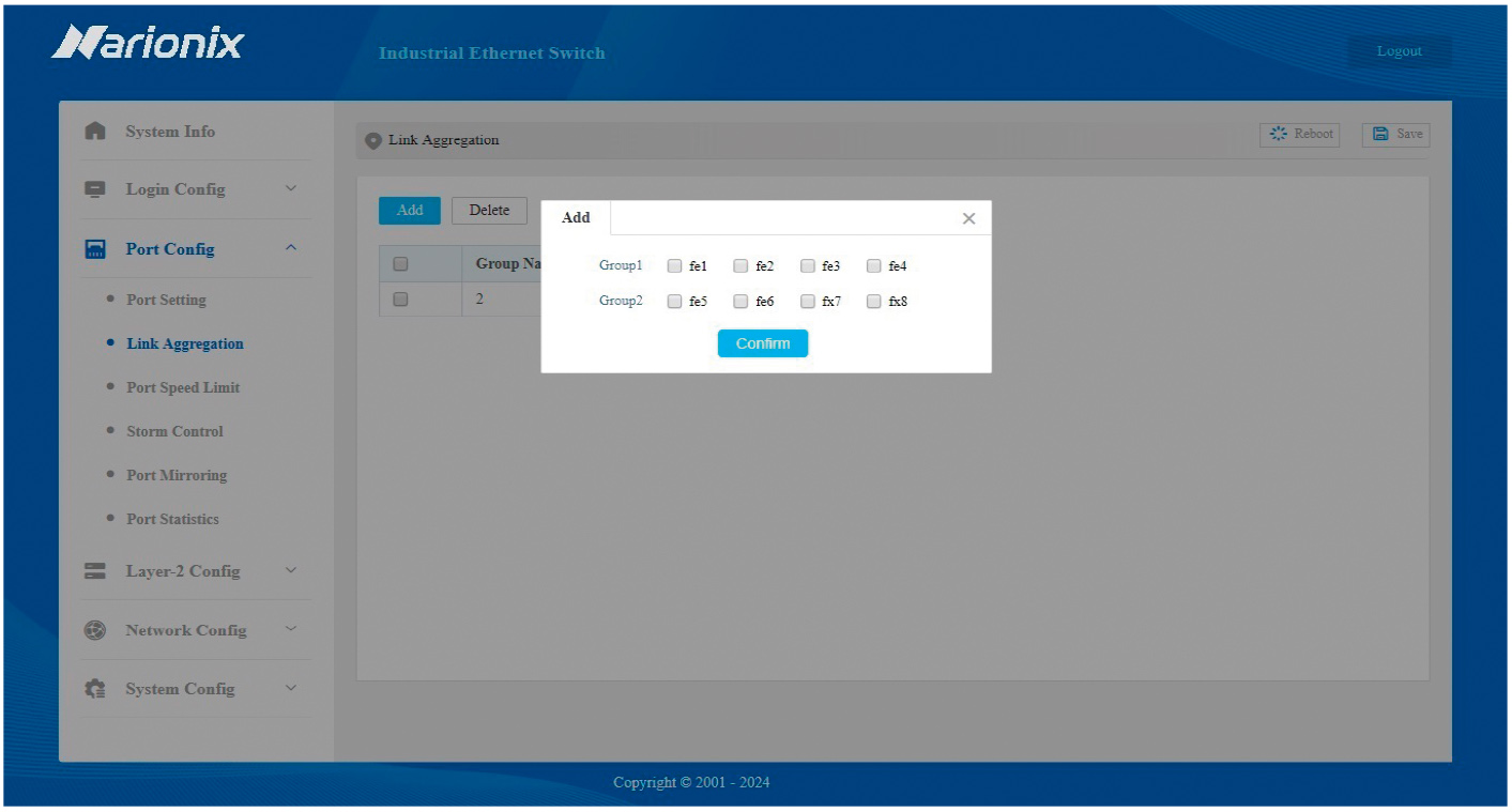 Рис. 4. Раздел настроек Port Config и настройка групп агрегации каналов