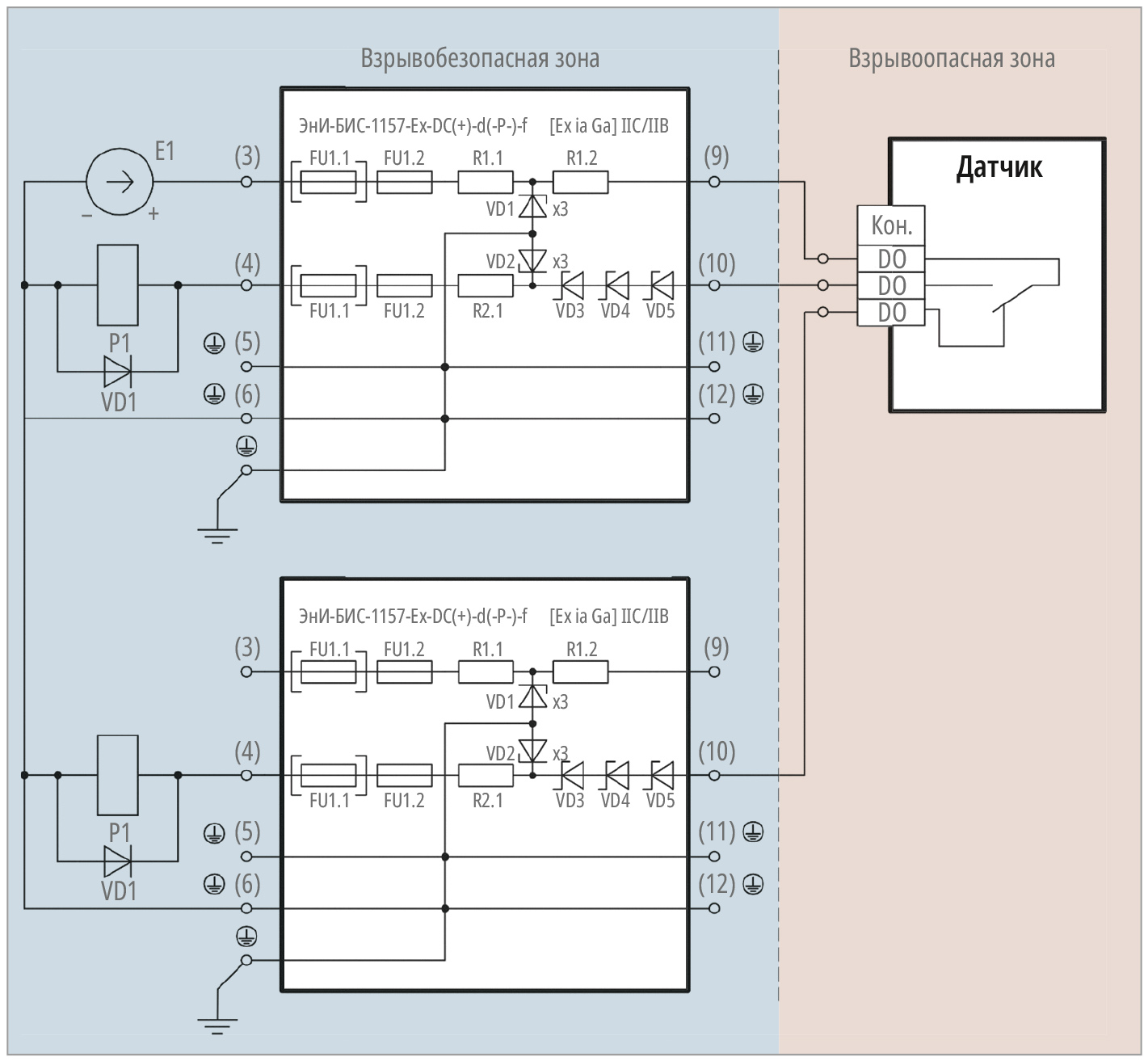 Рис. 2. Пример подключения искробезопасного двухконтактного датчика (переключающийся геркон) с выходом «сухой контакт» к приёмно-контрольному прибору через два пассивных барьера искрозащиты
