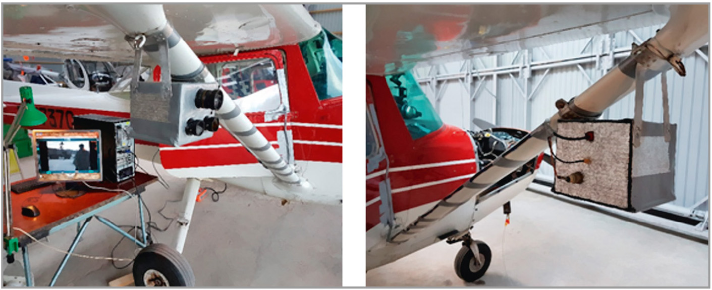 Рис. 3. Крепление и установка МСУВ RT-700Combo на борт двухместного самолёта Cessna для испытаний: слева – отладка перед полётом; справа – вид МСУВ сзади (верхний провод – коаксиальный кабель для передачи видео и навигационных данных, средний – антенна GPS/ГЛОНАСС, нижний – питание 24 В)
