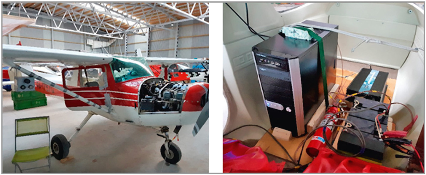 Рис. 4. Крепление и установка МСУВ RT-700Combo на борт двухместного самолёта Cessna для испытаний: слева – внешний вид; справа – установка в багажном отделении