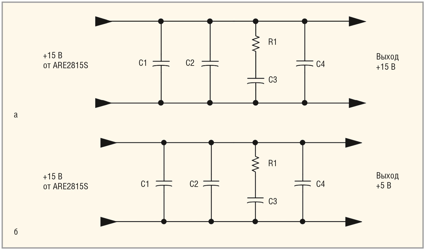 Рис. 10. Рекомендуемые внешние фильтры для преобразователей напряжения серии ARE100: а – схема фильтра для преобразователей напряжения ARE10012S и ARE10015S; б – схема внешнего выходного фильтра для ARE10005S