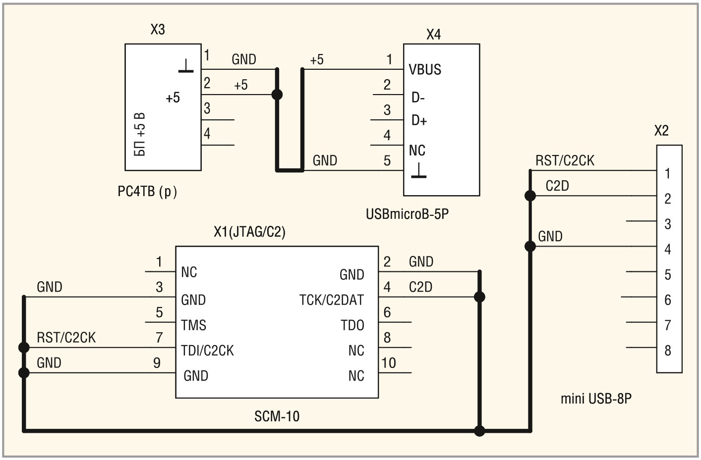 Рис. 2. Схема кабелей для программирования МК, включённого по схеме, показанной на рисунке 1