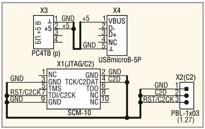 Рис. 5. Схема кабелей для программирования МК, включённого по схеме, изображённой на рисунке 4