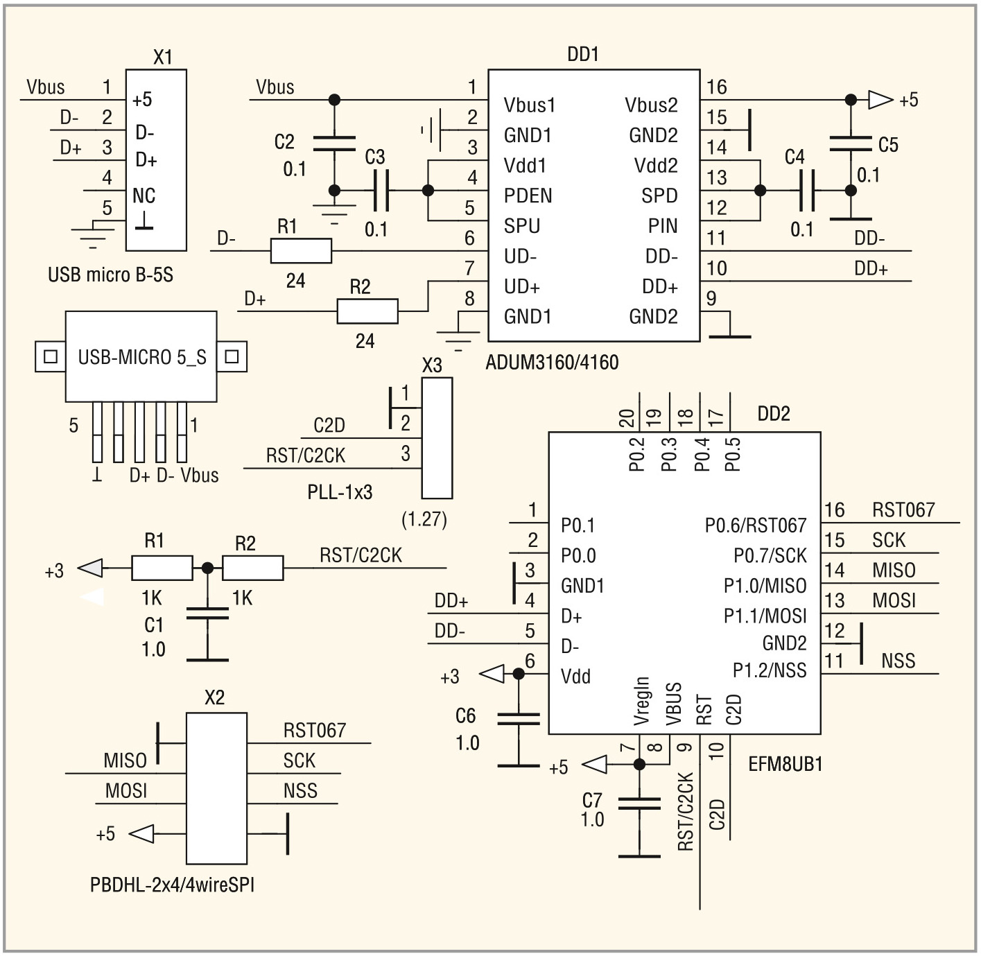 Рис. 7. Схема гальванически изолированного преобразователя интерфейсов USB–SPI на базе цифрового изолятора ADUM3160/4160 (четырёхпроводного)