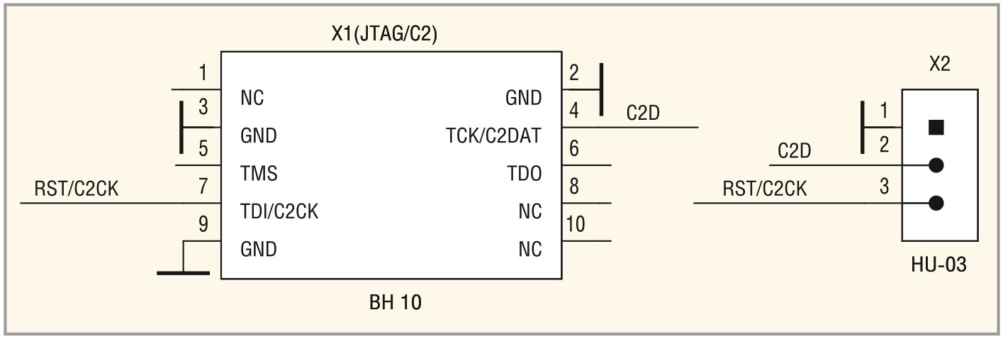 Рис. 12. Схема кабеля для программирования МК EFM8LB12 с помощью USB-Debug-адаптера по интерфейсу C2
