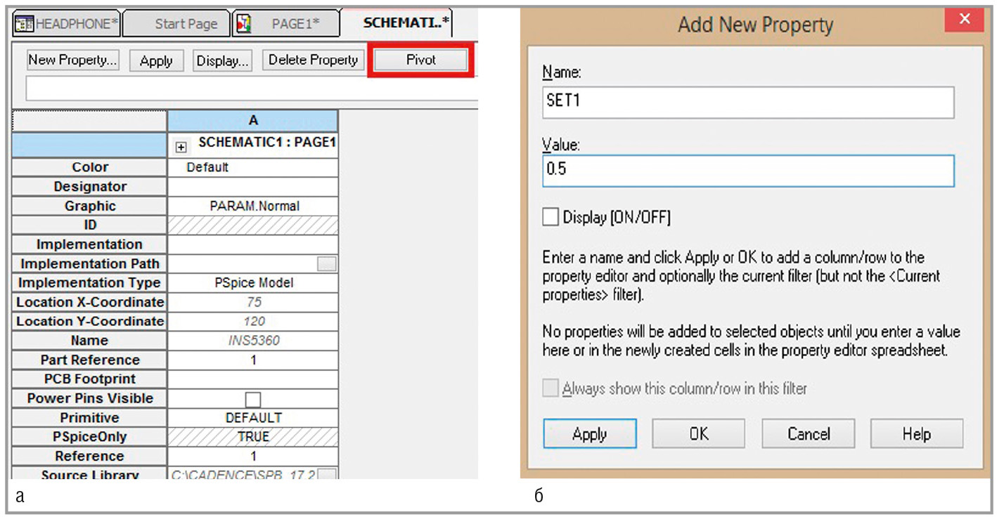 Рис. 5. Создание параметра SET1 для управления подстроечным резистором: а – таблица свойств компонента PARAM; б – добавление нового свойства компоненту