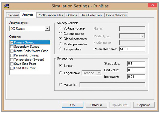 Рис. 8. Настройка профиля моделирования DC Sweep – зависимость от изменения SET1