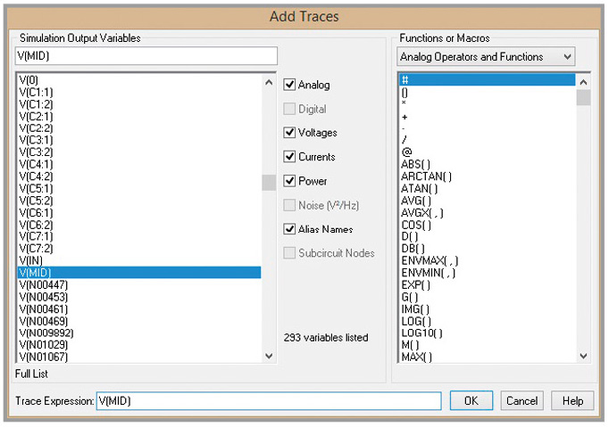 Рис. 9. Добавление графика для напряжения цепи MID через Trace > Add Trace