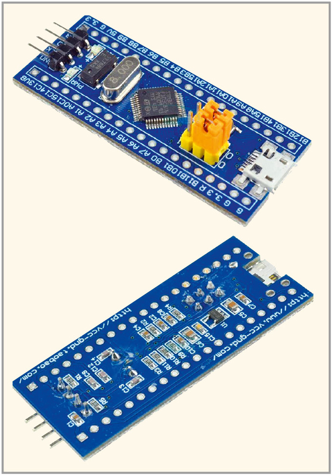 Рис. 1. Внешний вид отладочной платы F103C8T6 (вид сверху и снизу)