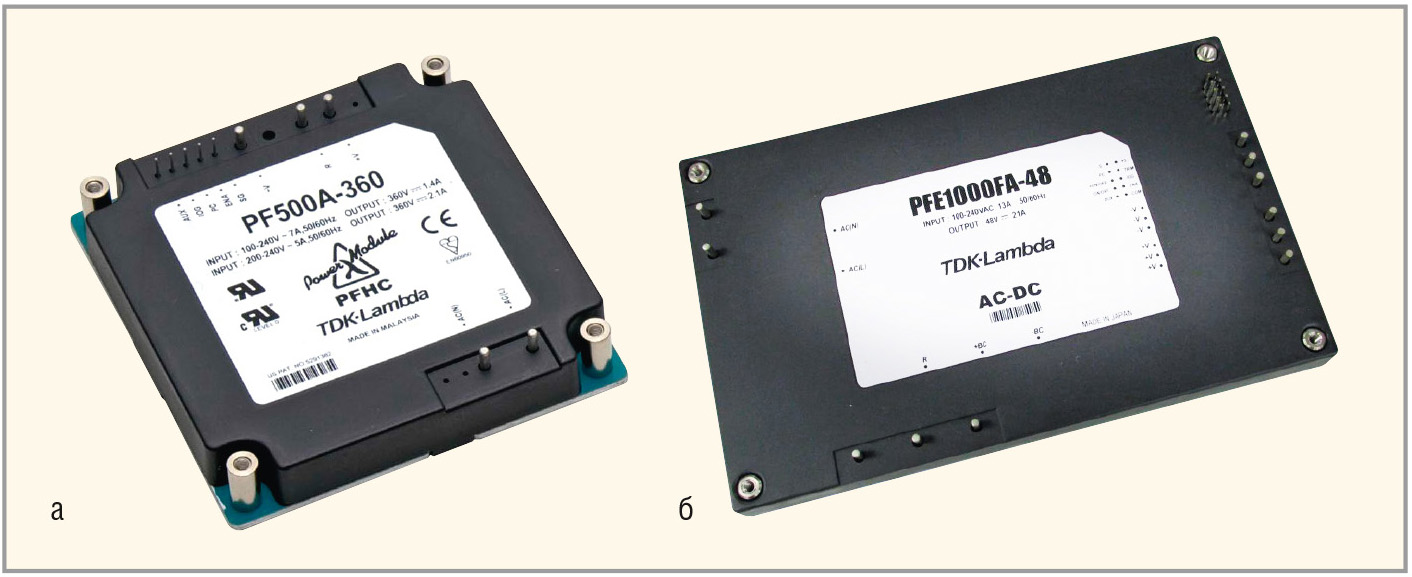 Рис. 3. Решения TDK-Lambda для преобразования напряжения переменного тока (AC) в постоянное (DC): а – выпрямитель, совмещённый с корректором коэффициента мощности, серия PF; б – AC/DC-преобразователь, серия PFE