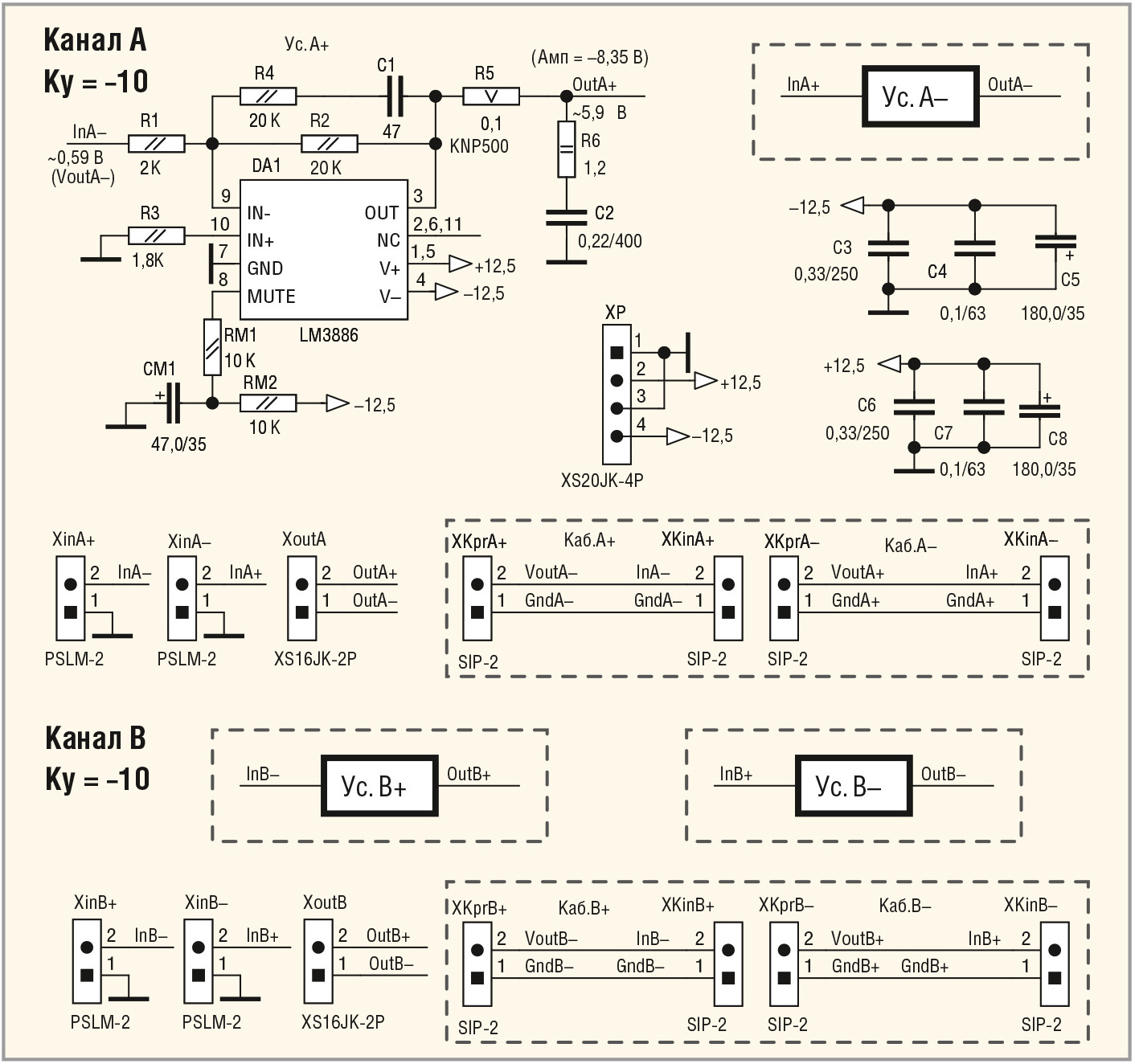 Рис. 6. Принципиальная схема двухканального мостового УМЗЧ на базе четырёх ОУ LM3886
