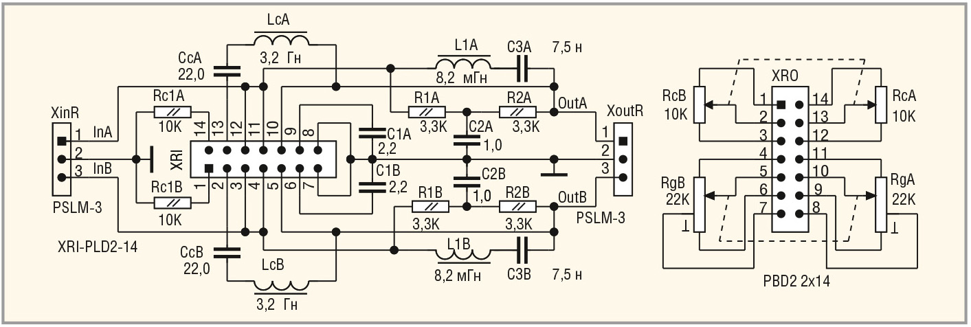 Рис. 10. Принципиальная схема двухканального ТКРГ с НЧ-катушками на ферритовых кольцах Т2010 CF199