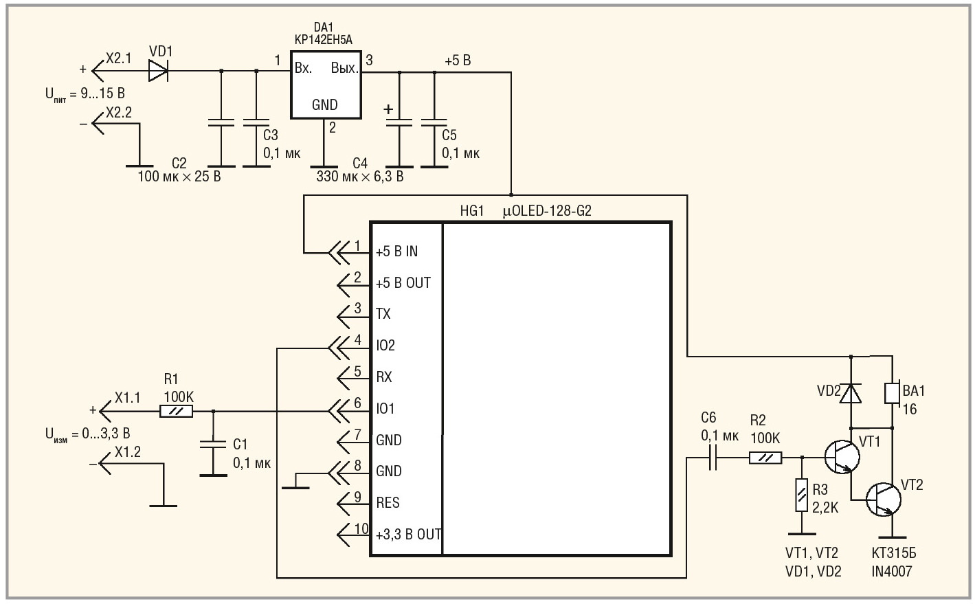Рис. 4. Принципиальная схема встраиваемого милливольтметра на базе модуля μOLED-128-G2