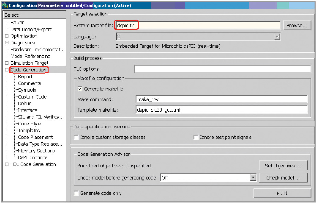 Рис. 11. Выбор компилятора S-функций dspic.tlc для моделей PIC- контроллеров
