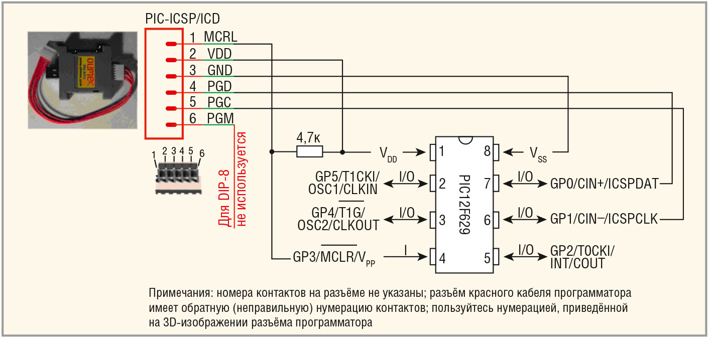 Рис. 13. Схема подключения микроконтроллера PIC12F629 к программатору Olimex PIC-KIT3