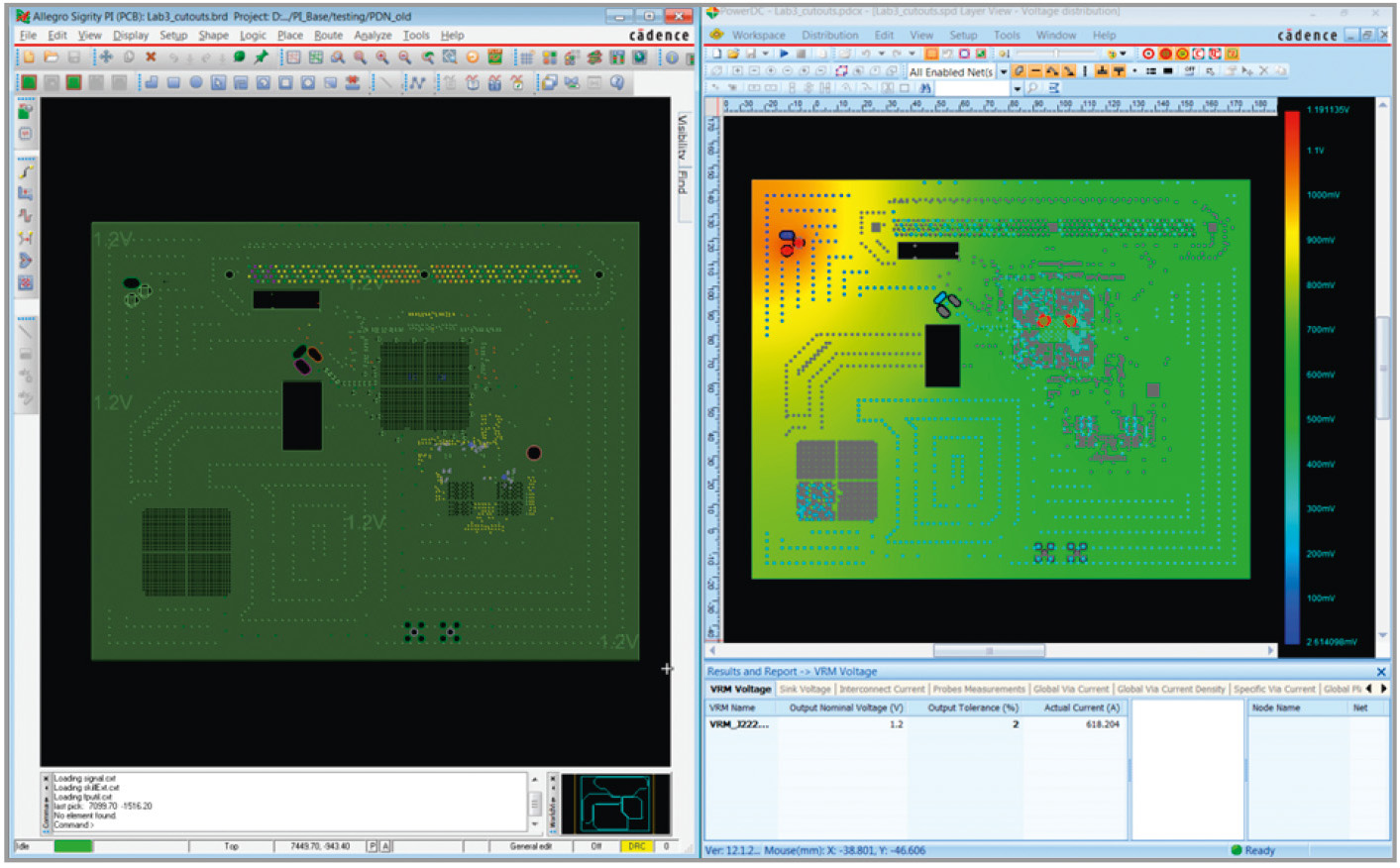 Рис. 4. Две области экрана пользователя: слева – вид на плату в PCB Editor, справа – результаты анализа в Power DC