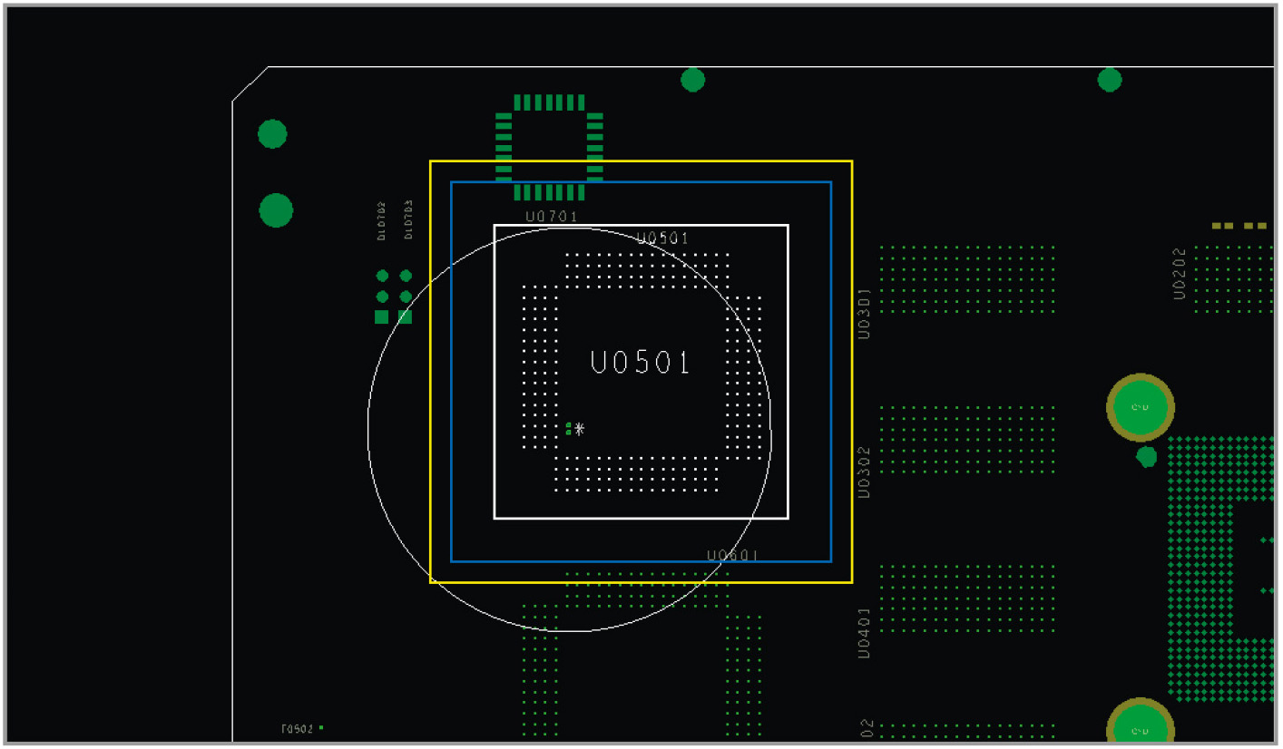 Рис. 5. Окно PCB Editor, показывающее процесс расстановки конденсаторов для ИС U0501 Примечания: белый квадрат – область расстановки конденсаторов на верхнем слое; синий квадрат – область расстановки конденсаторов на нижнем слое; белый круг – область эффективной установки конденсатора