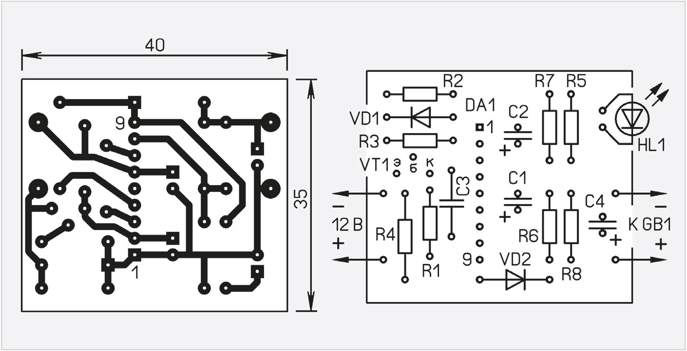 Рис. 3. Печатная плата и расположение элементов на КР142ЕН3