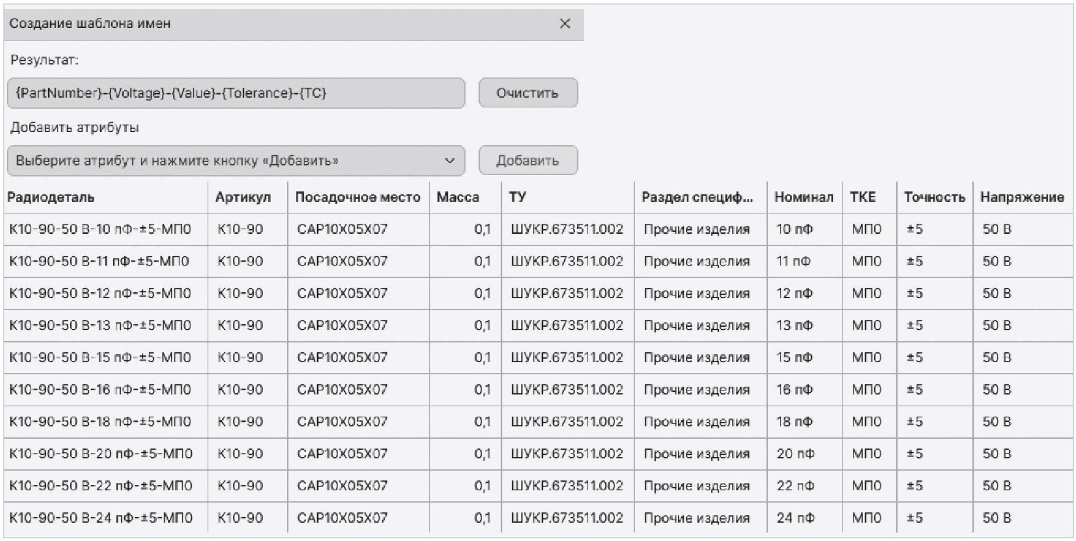 Рис. 2. Шаблон имён и набор параметров компонентов