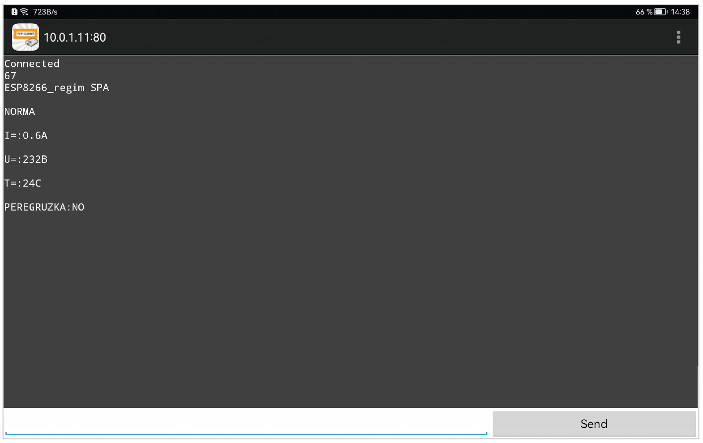 Рис. 6. Скриншот окна приложения TCP client при отображении результатов мониторинга в рабочем режиме