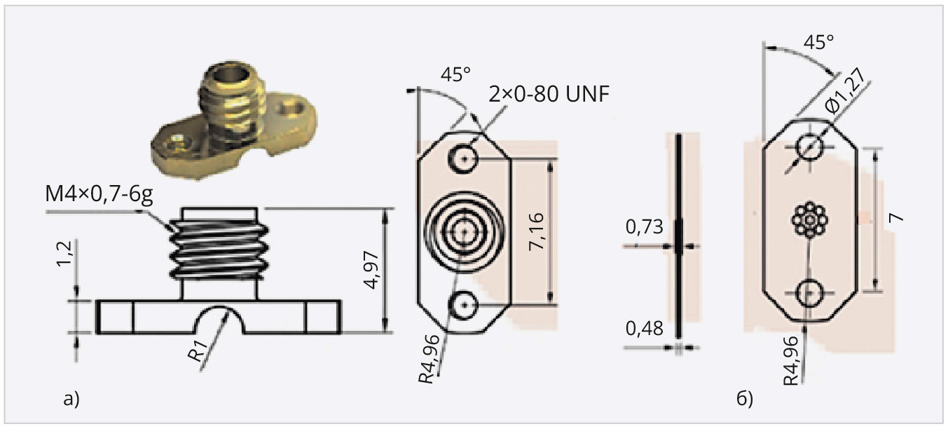 Рис. 5. Конструкция и внешний вид соединителя ACP-047-J (а), конструкция интерпозера (б)