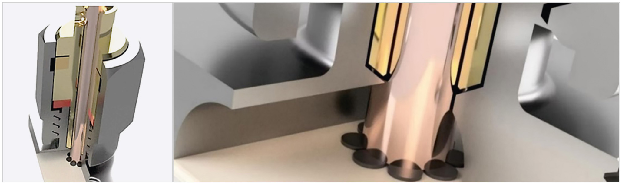 Рис. 7. Внешний вид сочленения вилки и розетки соединителя ACP-47 и его торцевое соединение с печатной платой