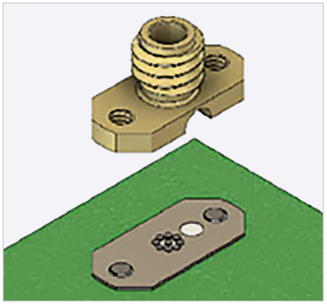 Рис. 8. Установка интерпозера и соединителя ACP-047-J на печатную плату. Белым кружком обозначен индикатор правильности положения интерпозера на плате