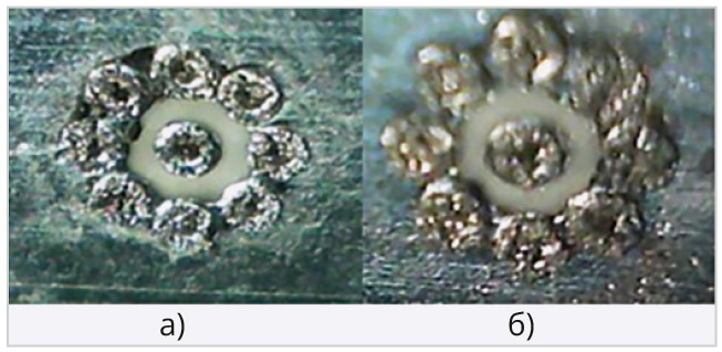 Рис. 13. Внешний вид интерпозера до и после 100 000 соединений