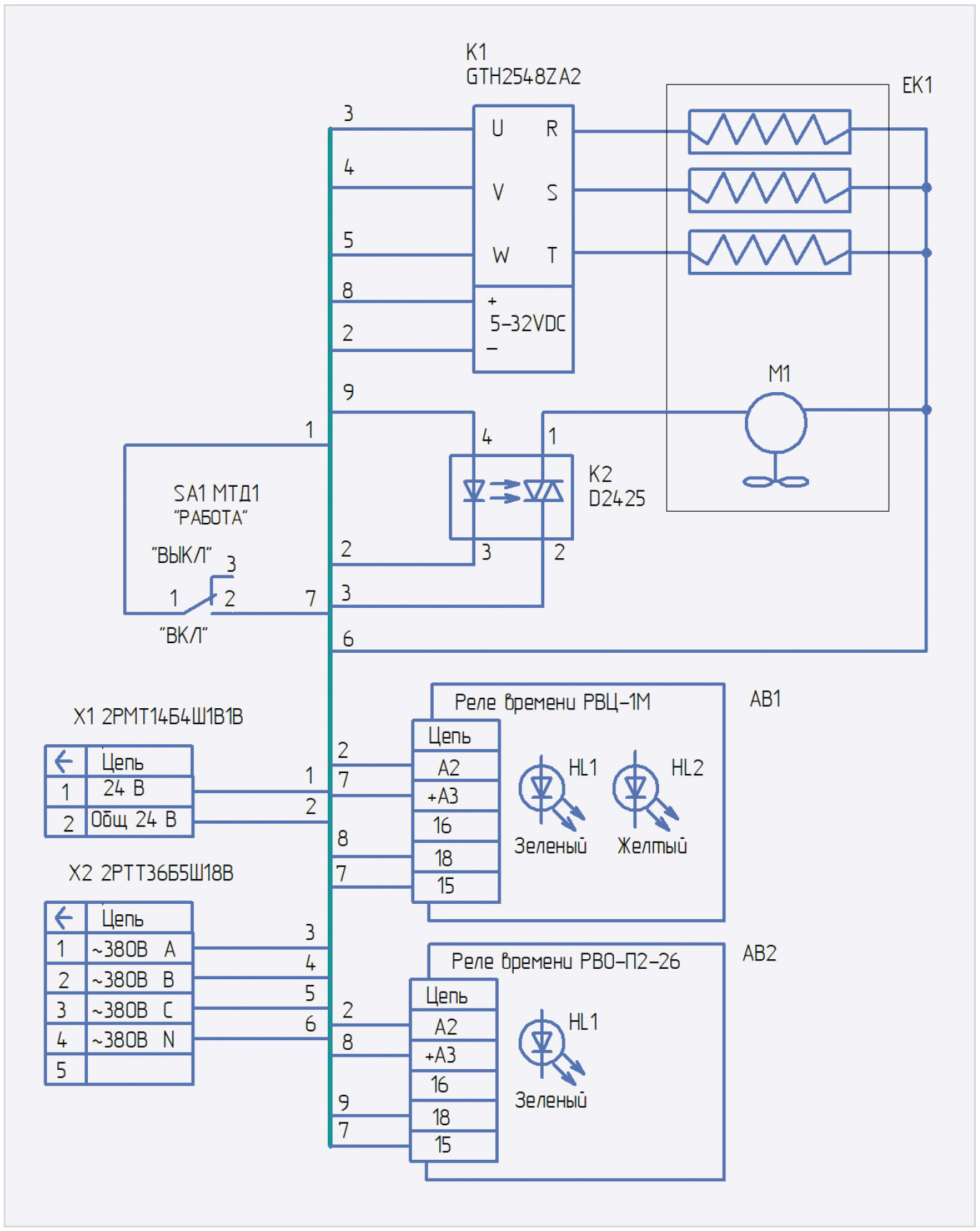 Рис. 2. Принципиальная схема устройства на базе реле времени РВЦ-1М и РВО-П2-26 для работы ТП в циклическом режиме, с задержкой выключения вентилятора