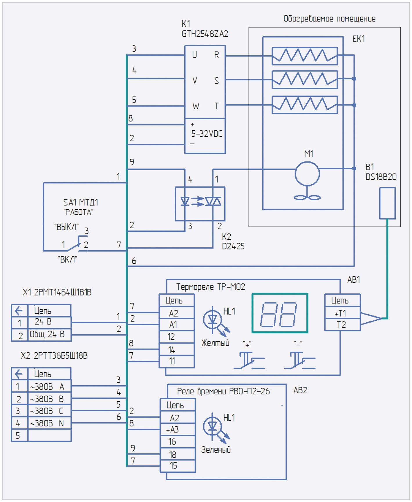 Рис. 8. Принципиальная схема устройства на базе термореле ТР-М02 и реле времени РВО-П2-26