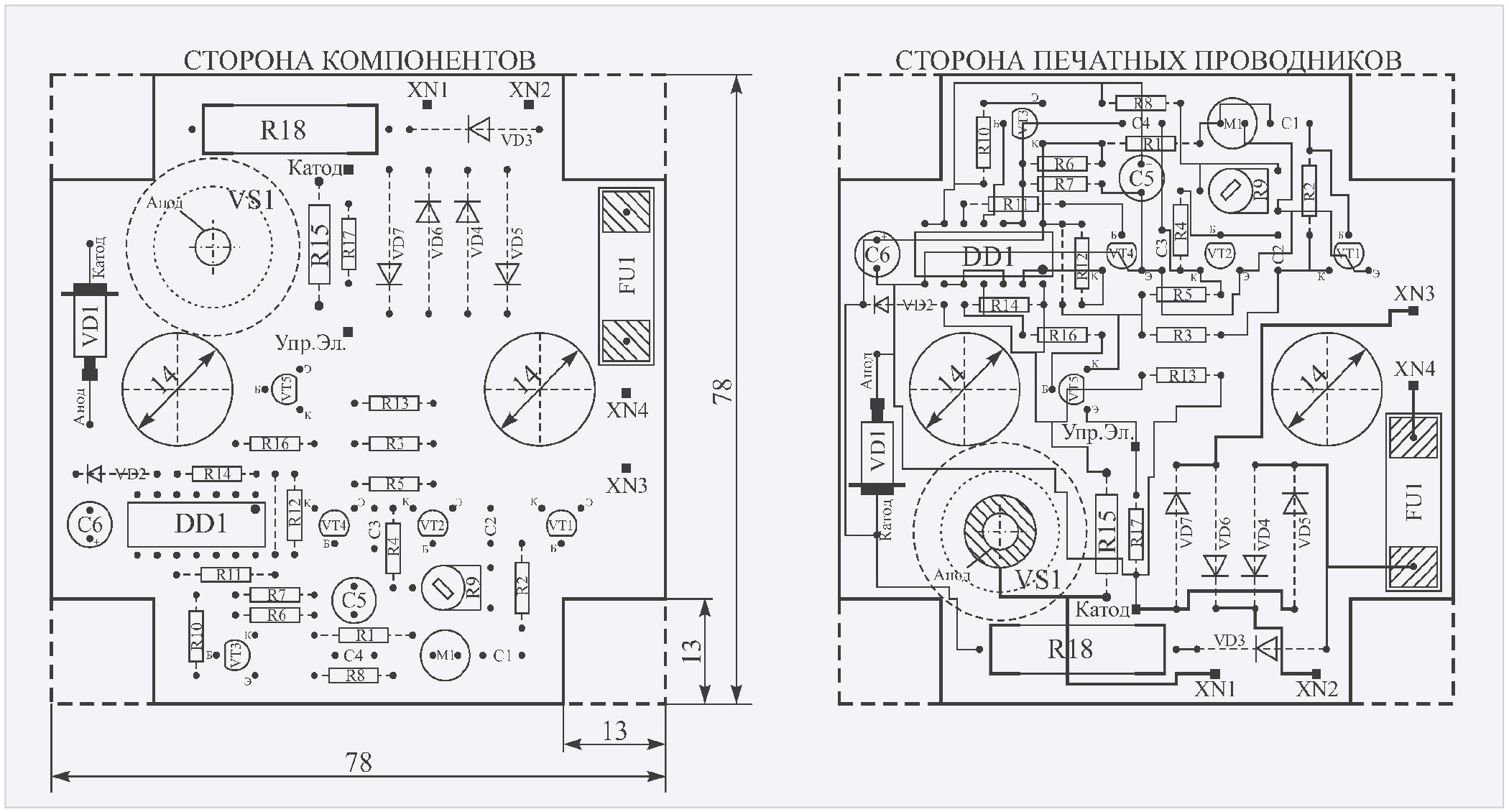 Рис. 2. Автомат лестничного освещения с акустическим датчиком. Рисунок печатной плат