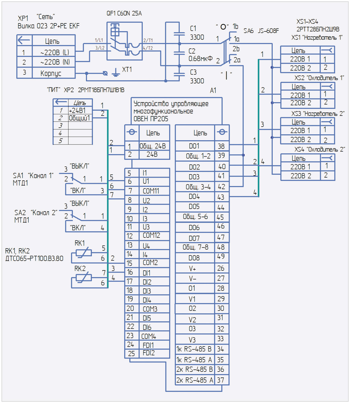 Рис. 9. Принципиальная схема блока управления двухканального трёхпозиционного регулятора на базе ПР205
