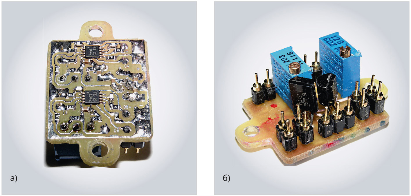 Рис. 9. Фотография платы предварительного усилителя на двуx OPA1642: а) вид со стороны дорожек, б) вид с обратной стороны