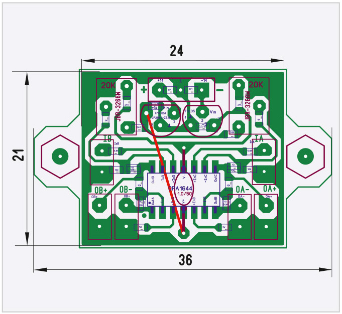 Рис. 10. Разводка платы предварительного усилителя на OPA1644