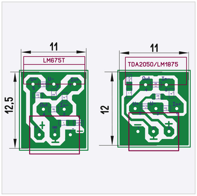 Рис. 12. Разводка плат формирователя искусственной «земли»: а) на базе LM675, б) на базе TDA2050/LM1875