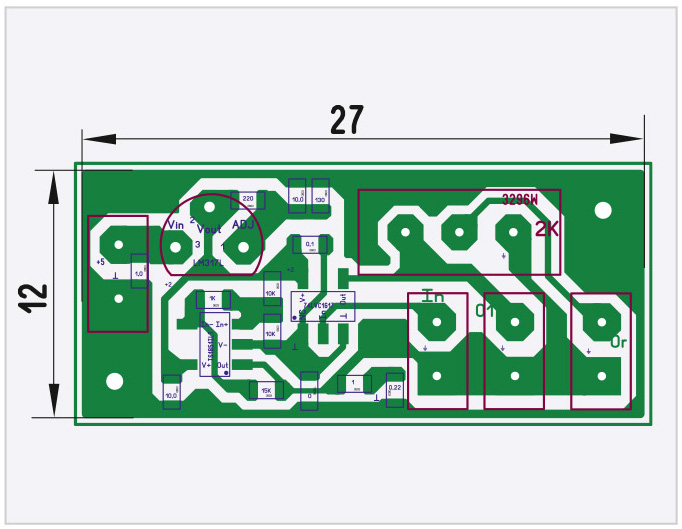 Рис. 15. Разводка платы преобразователя синусоидального сигнала в прямоугольный меандр