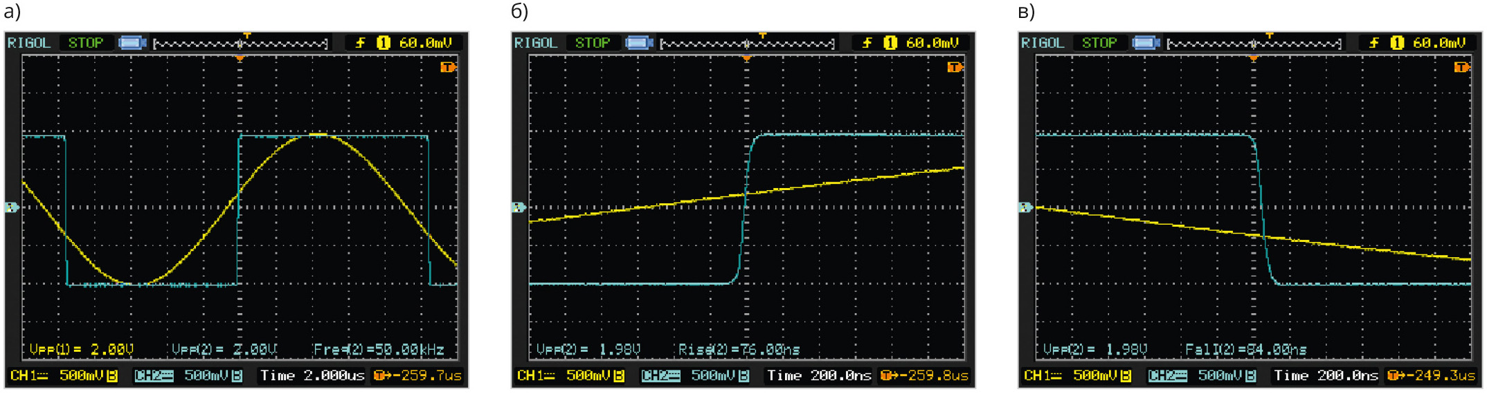 Рис. 17. Входной сигнал с генератора (жёлтый) и выходной сигнал (бирюзовый) с преобразователя: а) развёртка 2 мкс/деление («Time 2.000 us»); б), в) развёртка 200 нс/деление («Time 200.0 ns»)
