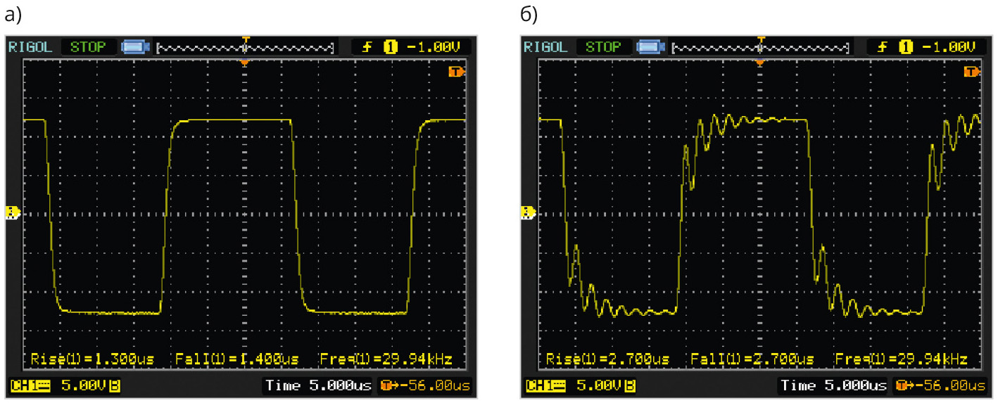 Рис. 24. Переходная характеристика усилителя мощности: а) с конденсатором 27 пФ в ОС, б) с резистором 20 К и конденсатором 47 пФ в ОС