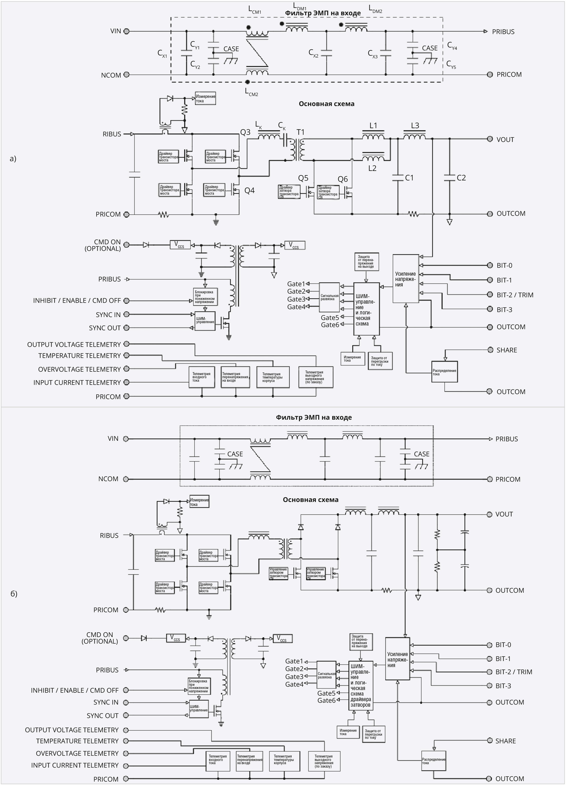 Рис. 1. Структурная схема преобразователей напряжения: а – с выходными напряжениями 15, 18 и 28 В; б – c выходным напряжением 50 В SGRB12050S