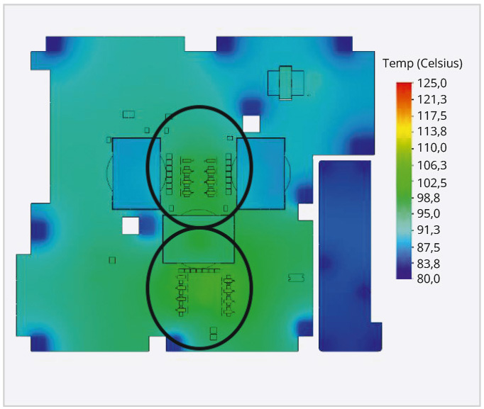 Рис. 5. Температурное моделирование нитрид-галлиевых полупроводниковых приборов в вакууме