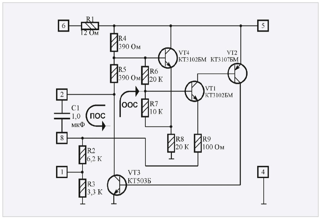 Рис. 1. Эквивалентная электрическая принципиальная схема ИМС LM3909 с внешним конденсатором