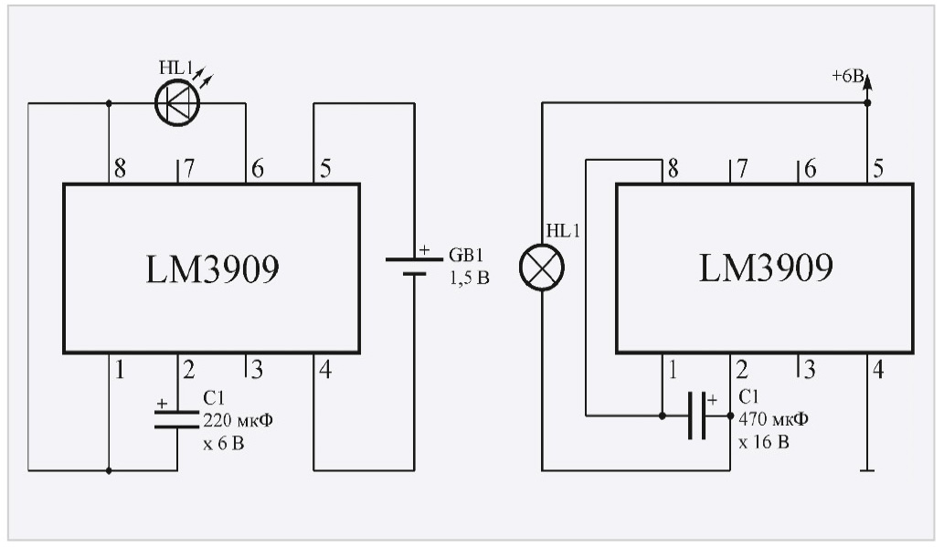 Рис. 3. Две простые мигалки на основе LM3909
