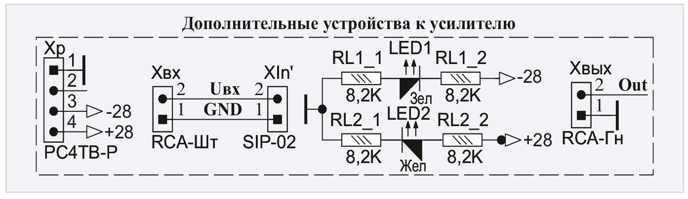 Рис. 2. Принципиальная схема дополнительных устройств к усилителю