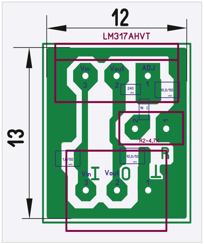 Рис. 9. Разводка платы регулируемого стабилизатора