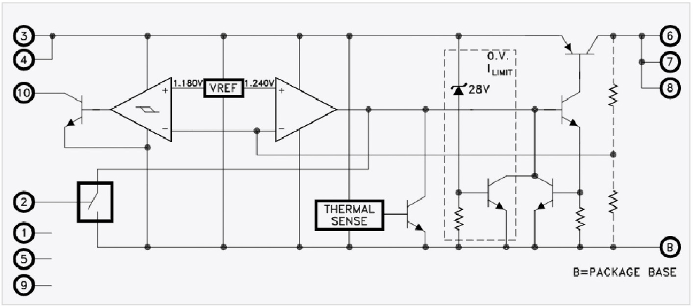 Рис. 1. Эквивалентная схема микросхемы LDO-линейного стабилизатора напряжения LSK5101-00 с регулируемым выходным напряжением