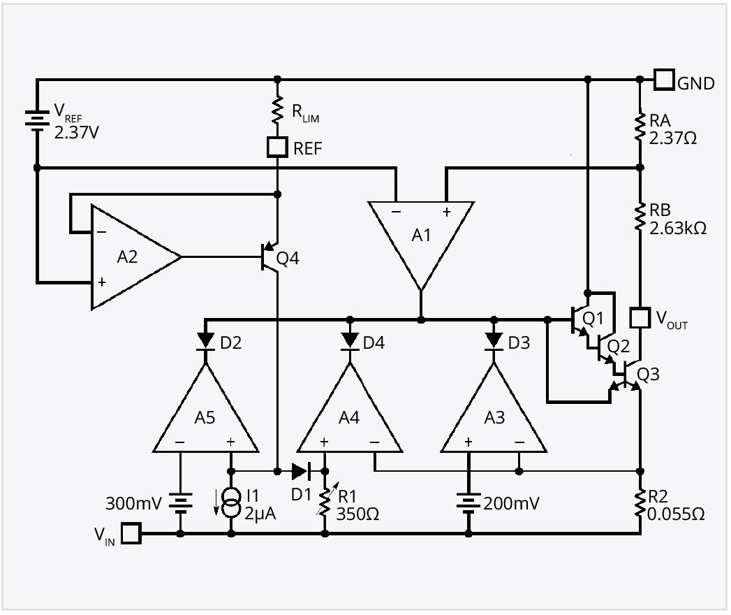 Рис. 10. Упрощённая электрическая схема радиационно- устойчивого интегрального стабилизатора напряжения LW5332-5.0